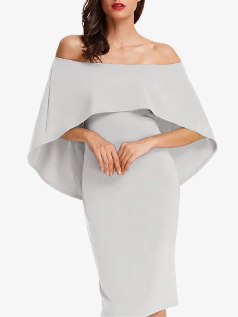 Grace Karin Light Gray Off-White Elagant Off-the-Shoulder Stretch Cape Dress